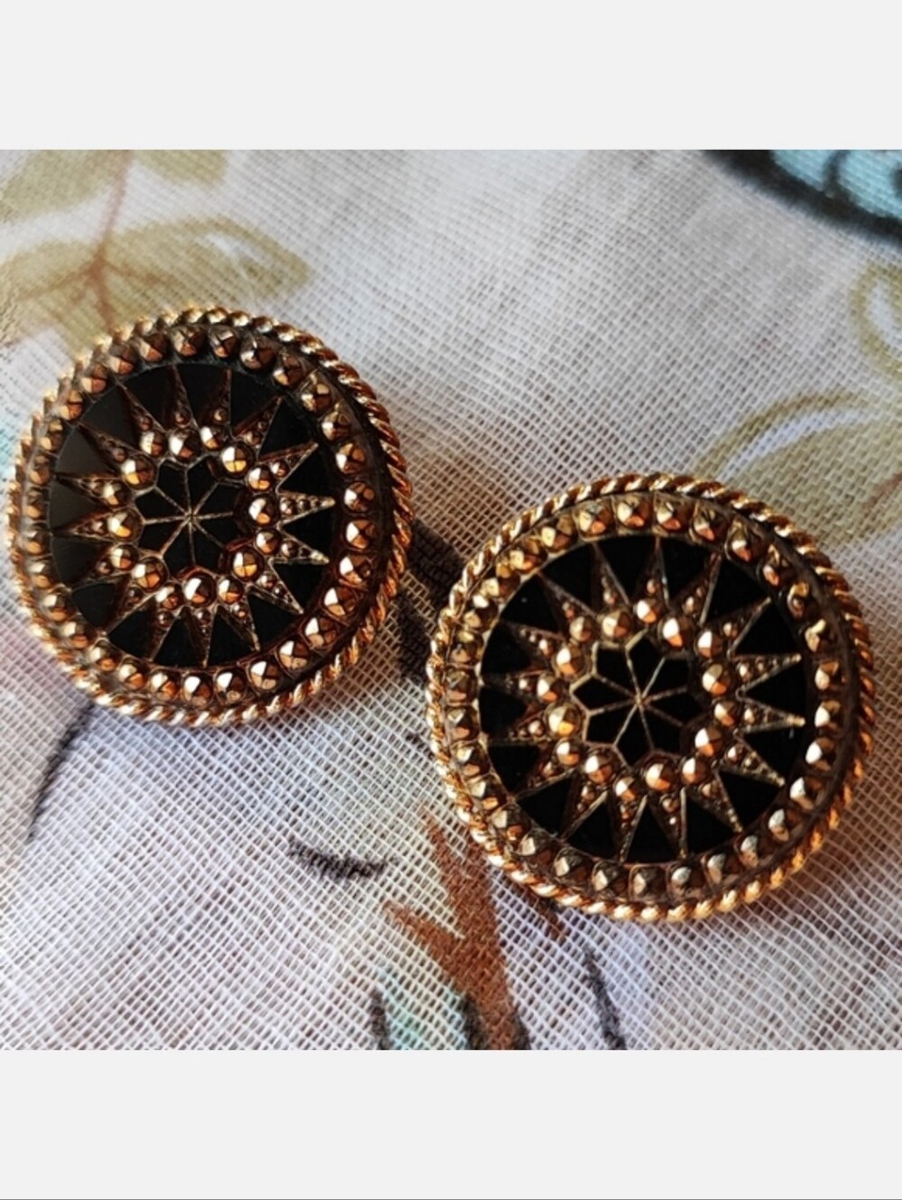 Black Gold Glass Starburst Clip Earrings LJM Laurentian Jewelry Manufacturing